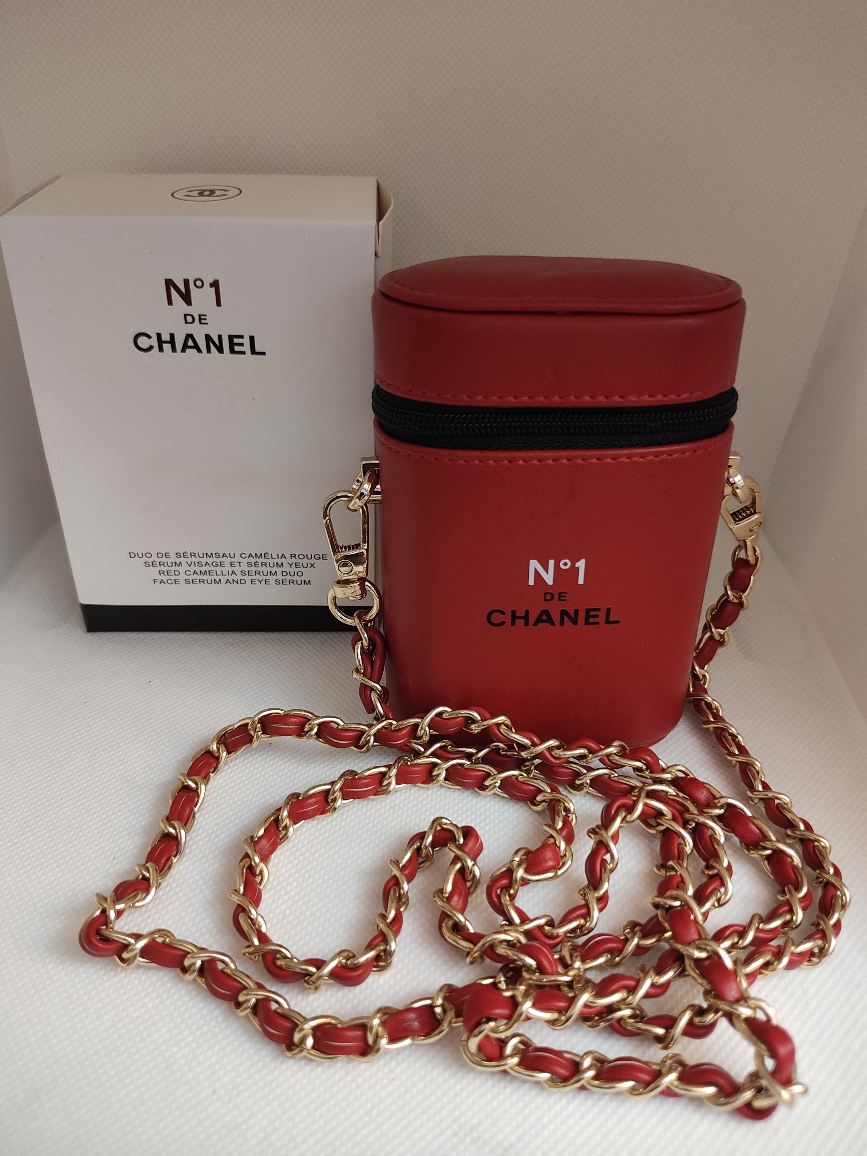 Red Leather Crossbody Pouch With Gold Chain